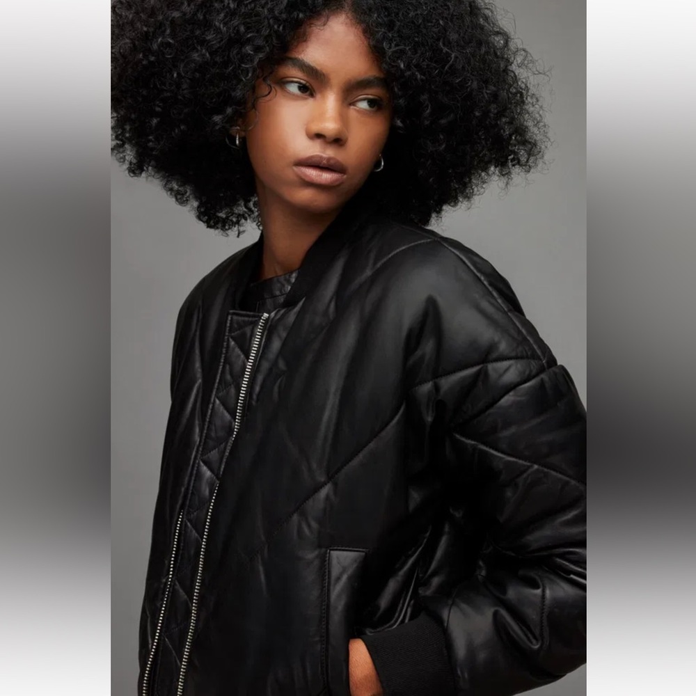 All Saints Lamb Leather Bailey Puffer Jacket - black / boxy oversized fit - Picture 7 of 13